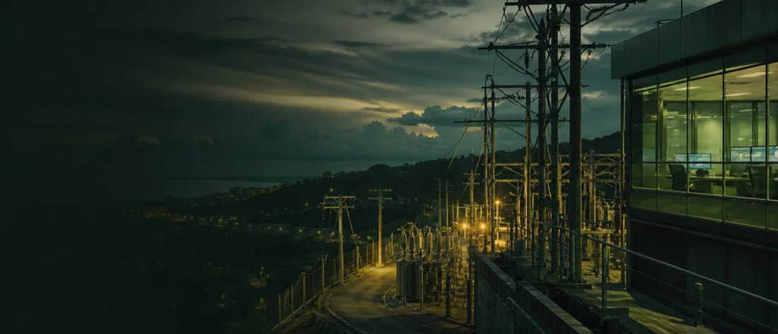 Evening view of distribution lines and a substation above a coastal town