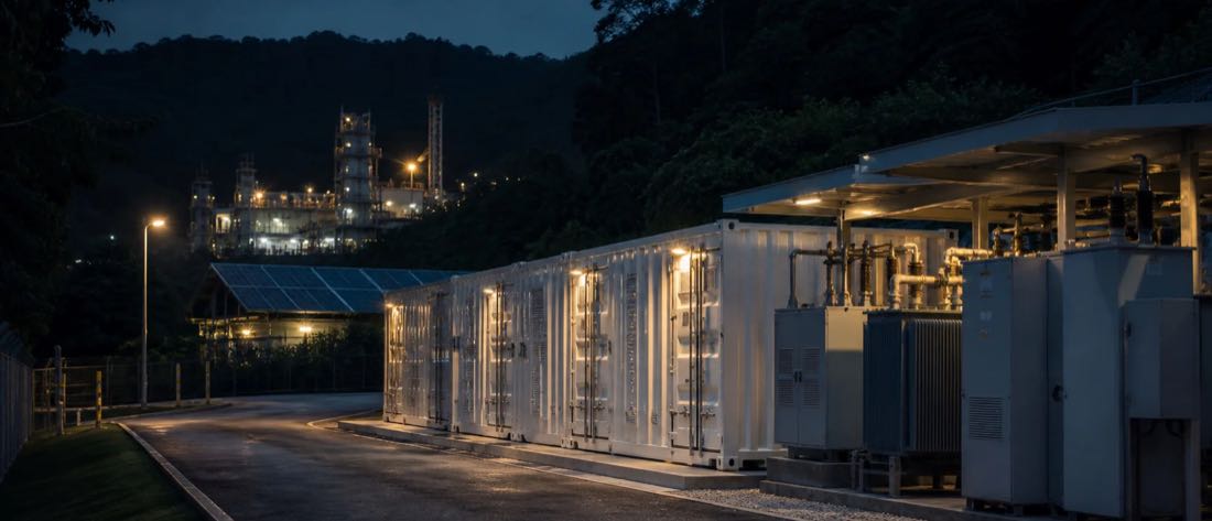 Evening view of containerized battery storage beside switchgear and a transformer