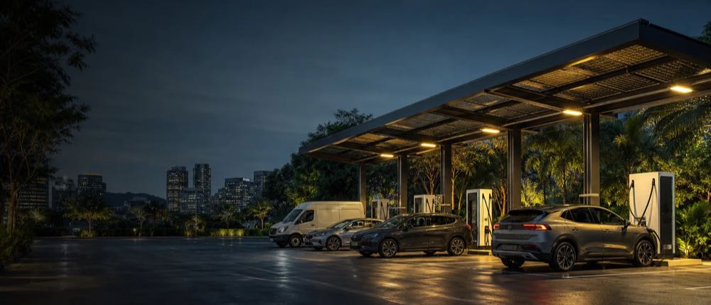 Evening view of a covered charging area with vehicles at DC chargers